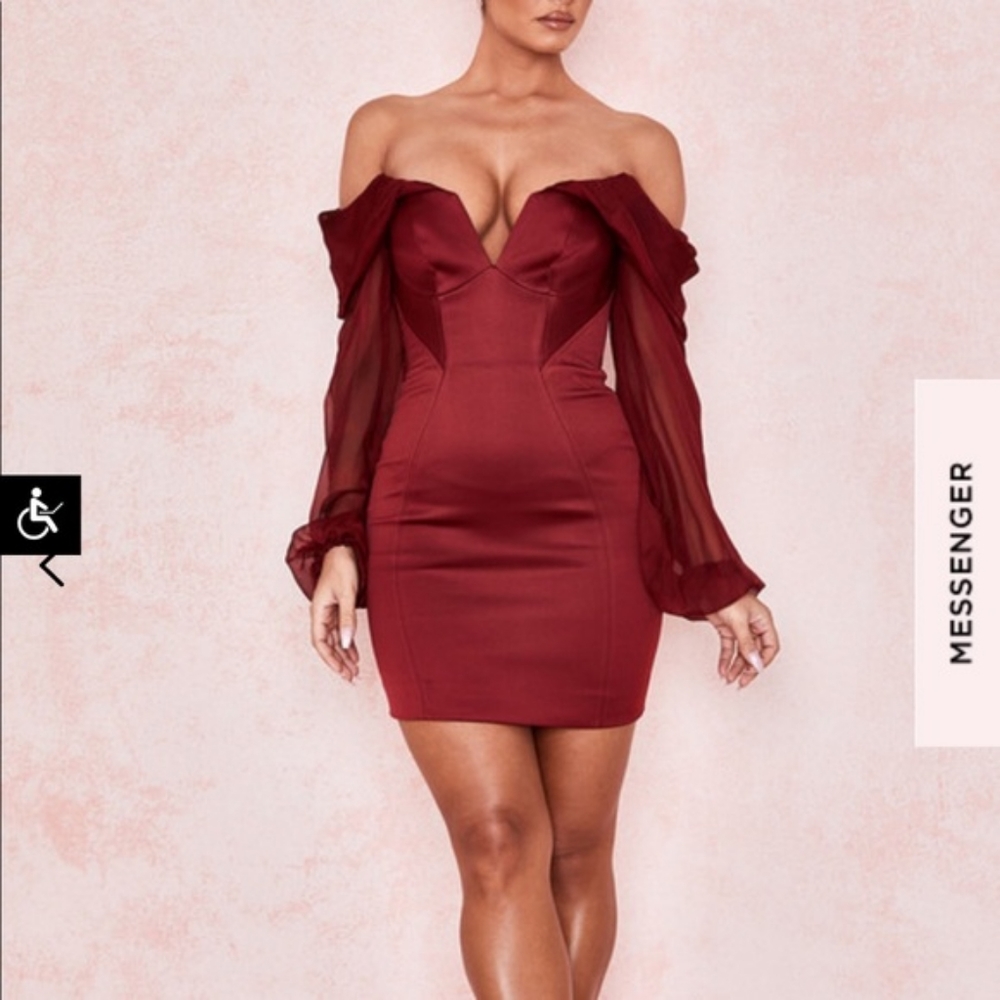 House of CB Olivia Wine Satin Off Shoulder Dress - Picture 3 of 11